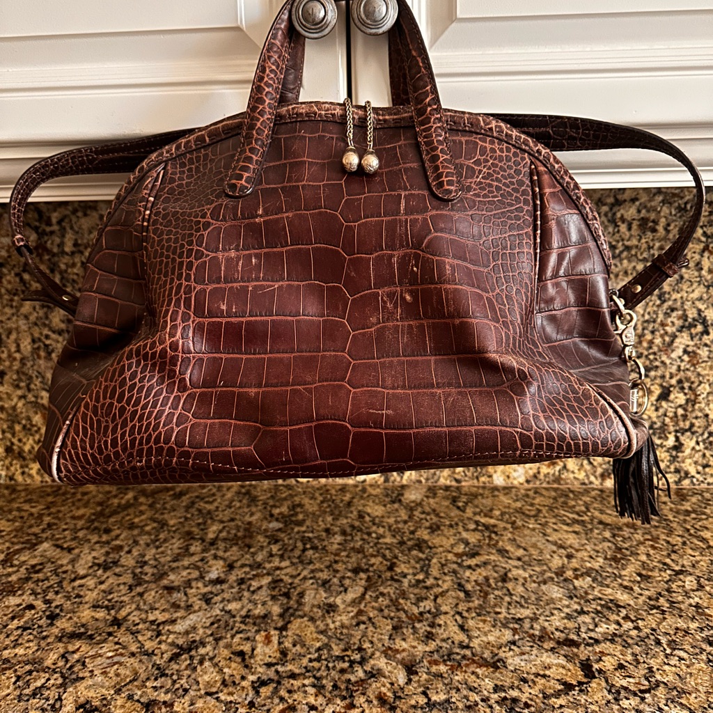 Croc-Embossed Brown Leather Satchel Bag